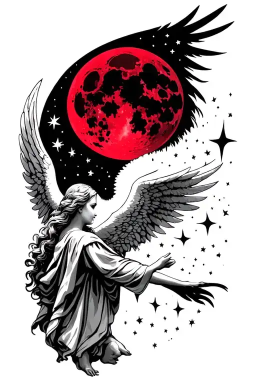 Angel Looking At White Stars And Red Moon Rising