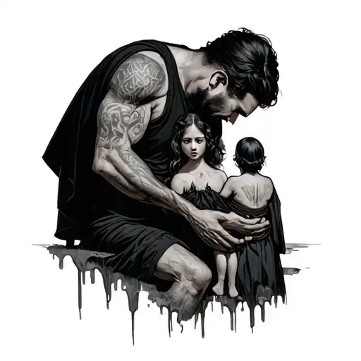 Man Protecting His Family But Sad