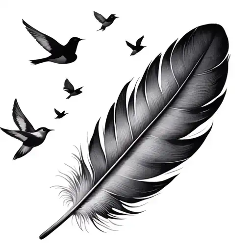 Feather With Tiny Birds Fly Away