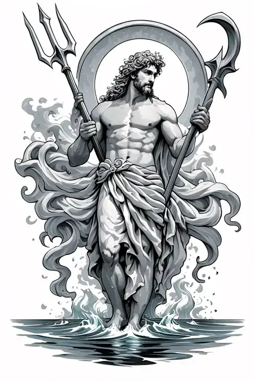Neptune Stands In The Water With A Trident
