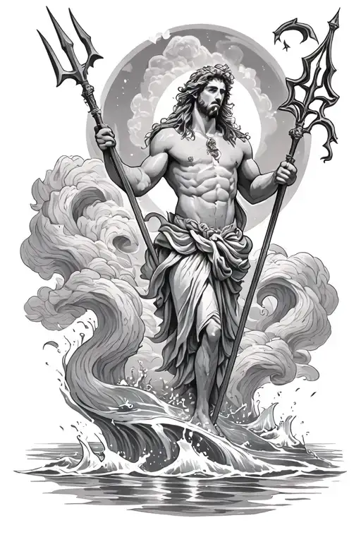 Neptune Stands In The Water With A Trident