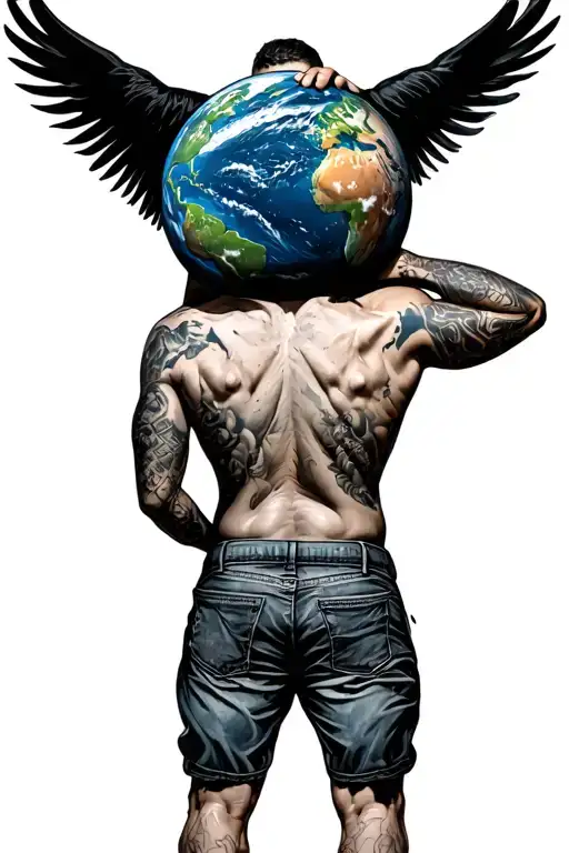 Man Holding Earth On His Shoulders Back Pushing