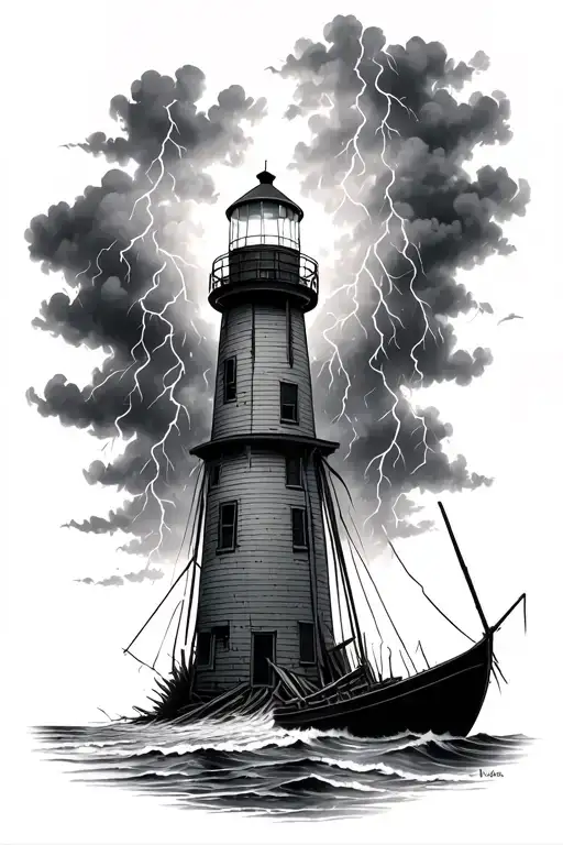Lighthouse In A Thunderstorm With A Boat Wrecked On The Beach