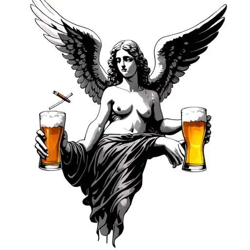 An Angel Holding A Cigarette On The Right Hand And A Beer On The Left Hand