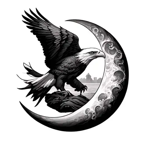 Crescent Moon With Bald Eagle Perched Atop