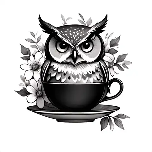 Owl In A Tea Cup Surrounded By Blooming Flowers