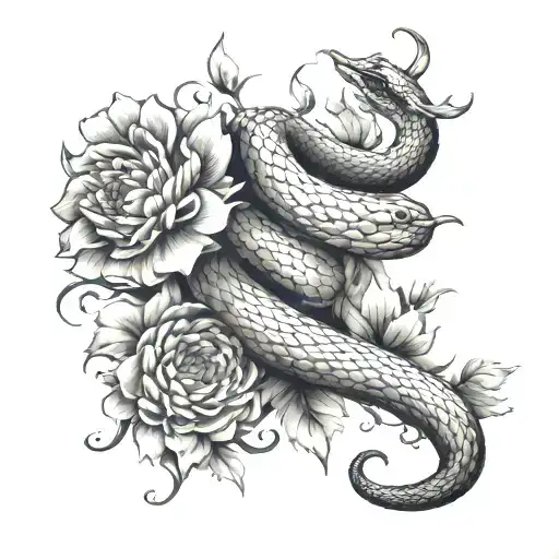 A Snake With Chrysanthemums And Brush Strokes Sketching A Tree