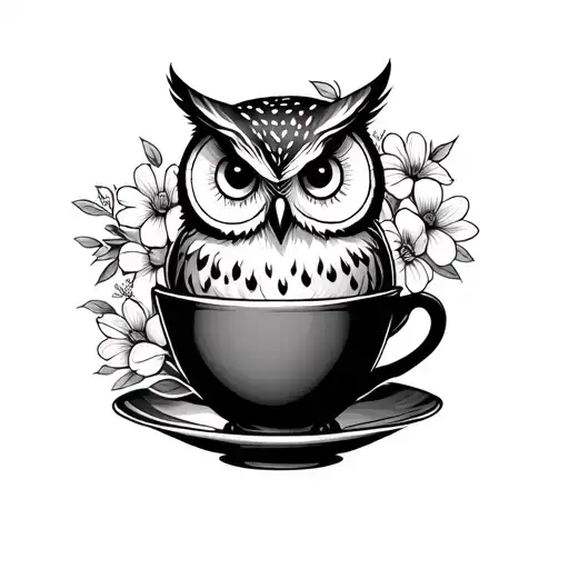 Owl In A Tea Cup Surrounded By Blooming Flowers