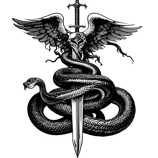 Poison Tree With A Snake Wrapped Around It With A Angel Hovering Above With A Sword