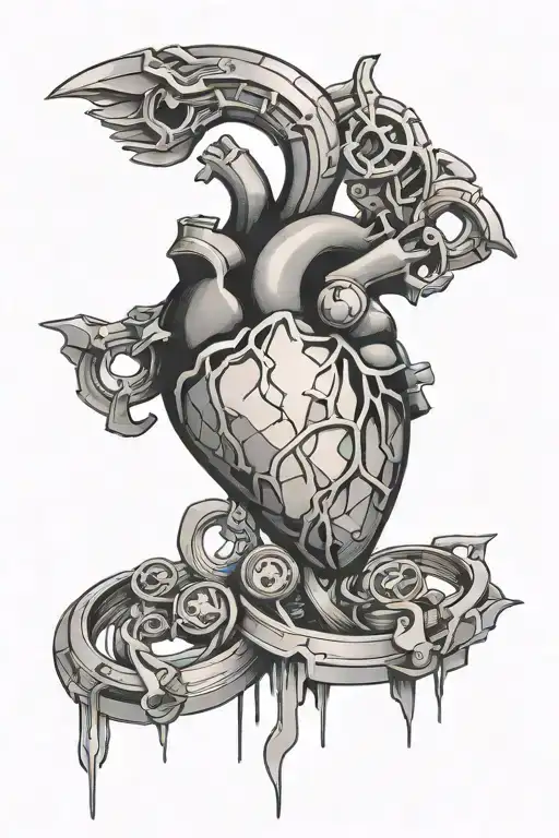 A Tattoo Of A Pixelated Heart With Rings And Anime Characters Intertwined