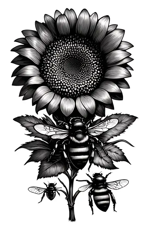 Bees And A Sunflower Fine Line