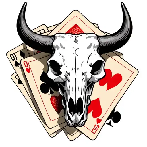 Western Bull Skull With Playing Cards Behind It