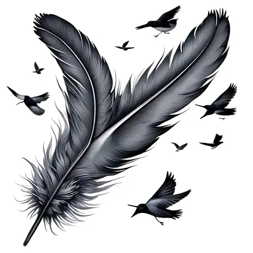 Feather With Tiny Birds Fly Away