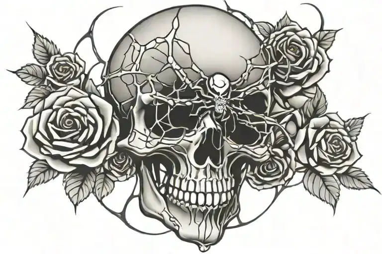 Spider Web And Skull And Roses Intertwined
