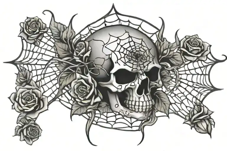 Spider Web And Skull And Roses Intertwined
