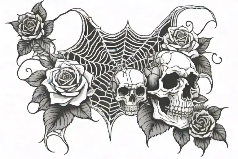Spider Web And Skull And Roses Growing