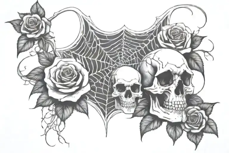 Spider Web And Skull And Roses Entwined