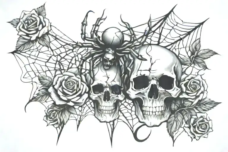 Spider Web And Skull And Roses Entwined