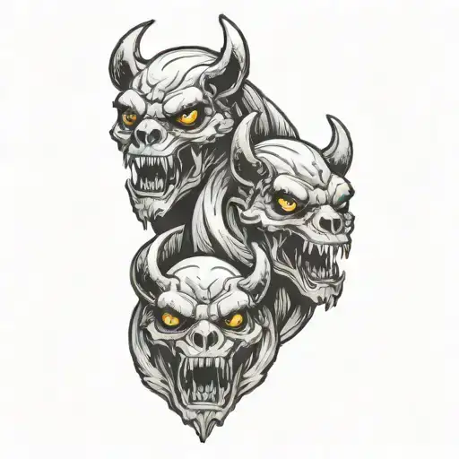 Demonic Bident And Cerberus 3 Heads And Simple Skull