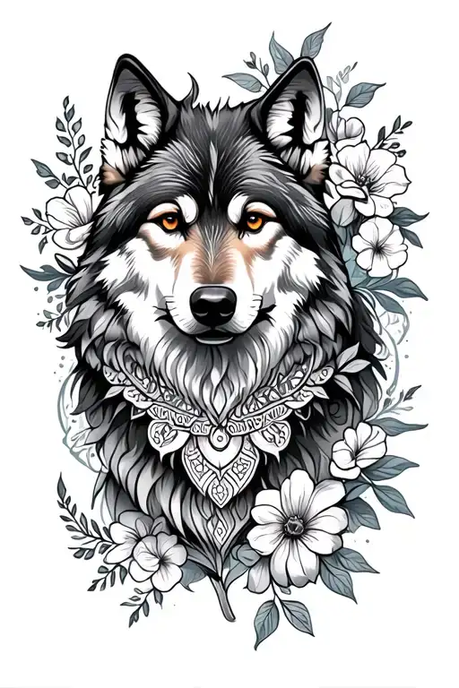 Wolf With Mandala And Flowers