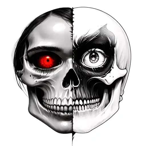 Women Face Half Skull Half Normal Face With One Red Eye