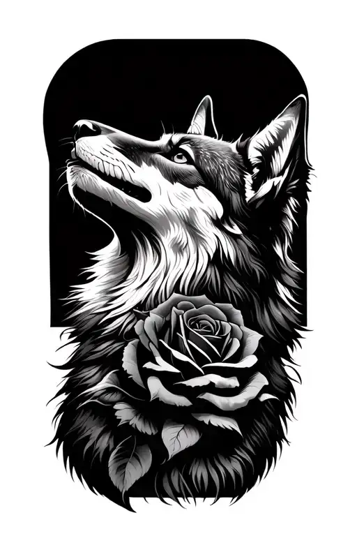 Coyote Howling With Rose Intertwined All Black