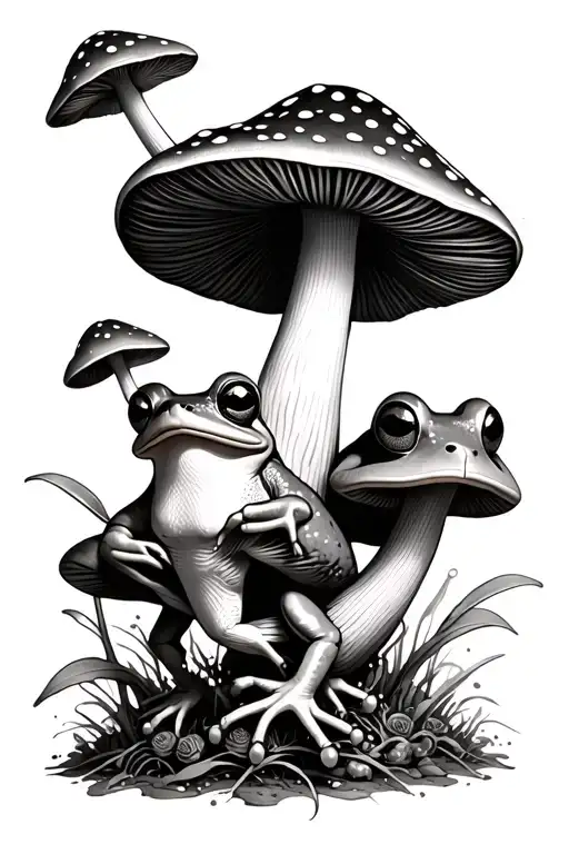 Trippy Mushrooms And Cute Frogs On Back Of Thigh