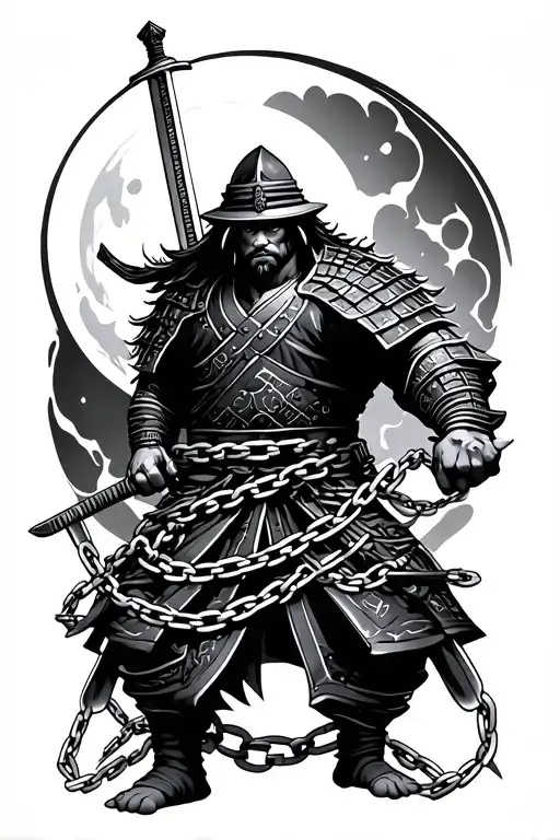 Tattoo With A Samurai In Chains With A Sword In His Hands And A Moon In The Background