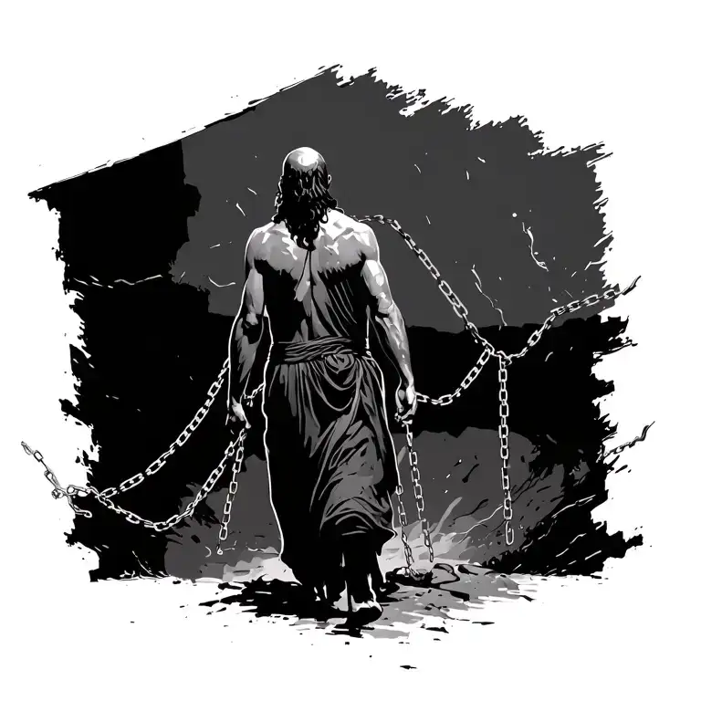 Biblical Man Walking Away With Broken Chains Hanging From His Wrists