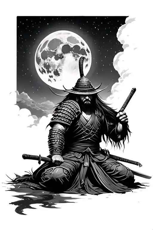 Samurai On His Knees With A Sword And A Full Moon