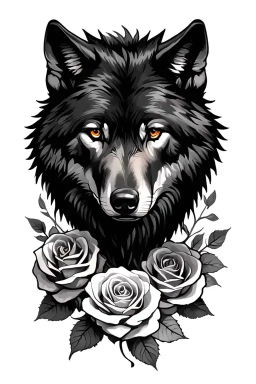 Black Wolf With Roses Intertwined