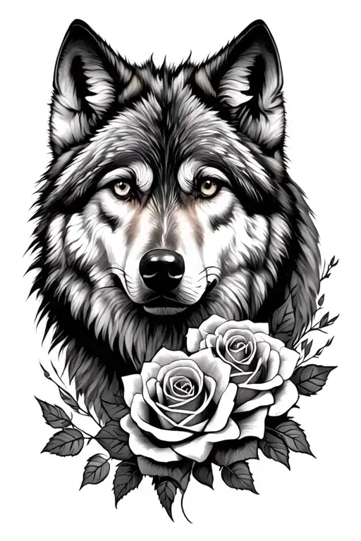 Realistic Wolf With Roses Intertwined