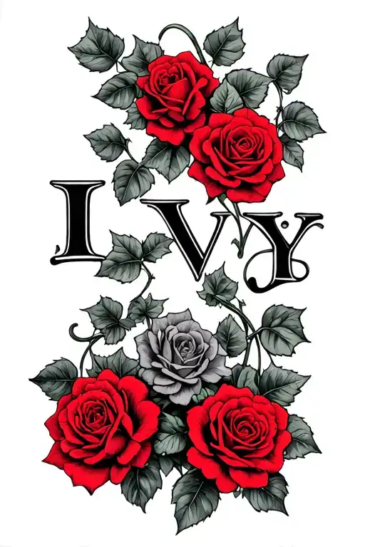 The Name Ivy Surrounded By Red Roses And Ivy Growing