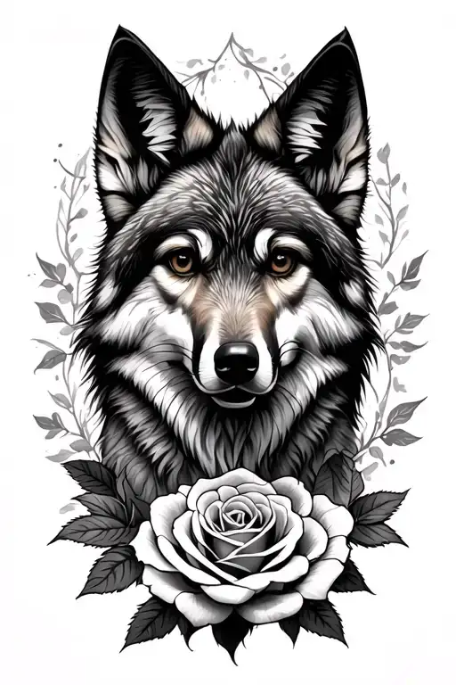Realistic Coyote With Roses Intertwined