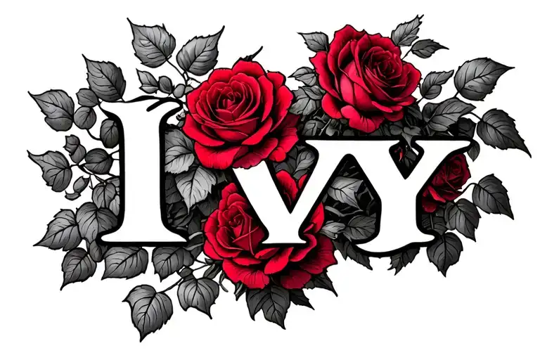 The Name Ivy Surrounded By Red Roses And Ivy Growing