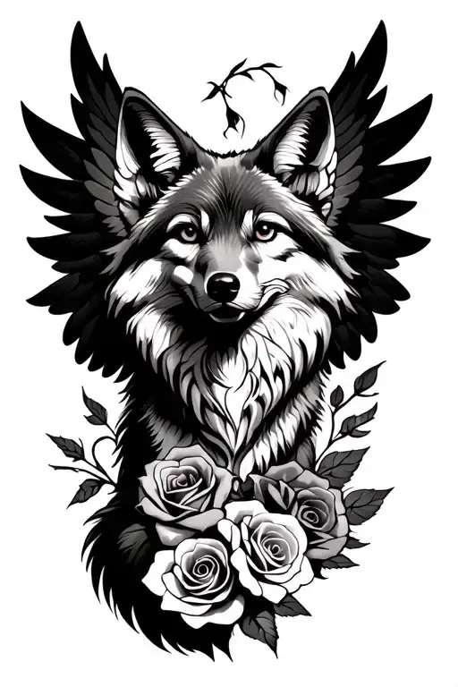 Coyote With Wings And Roses Intertwined All Black