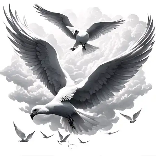 Doves Flying Clouds Around It Across And Angel Wings