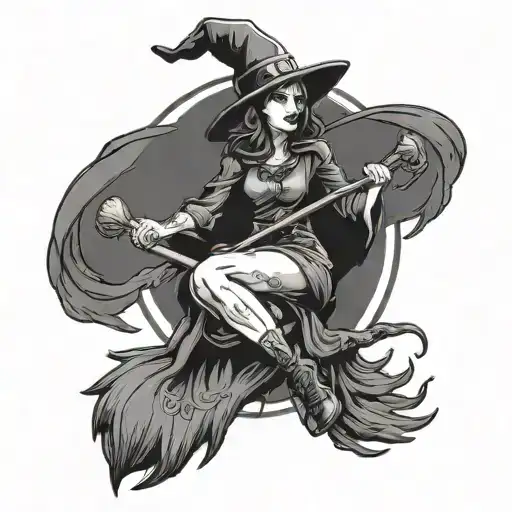 Witch Sitting On A Broom With The Inscription Chtmo