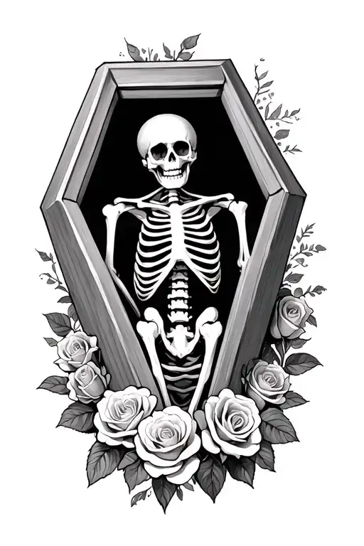 Skeleton In A Coffin Surrounded By Roses