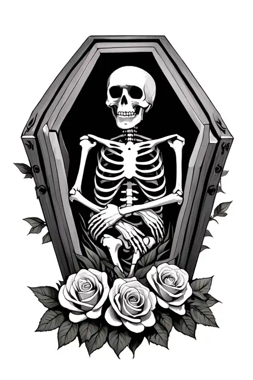 Skeleton With Crossed Forearms In A Coffin Surrounded By Roses