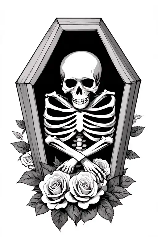 Skeleton With Crossed Forearms In A Coffin Surrounded By Roses