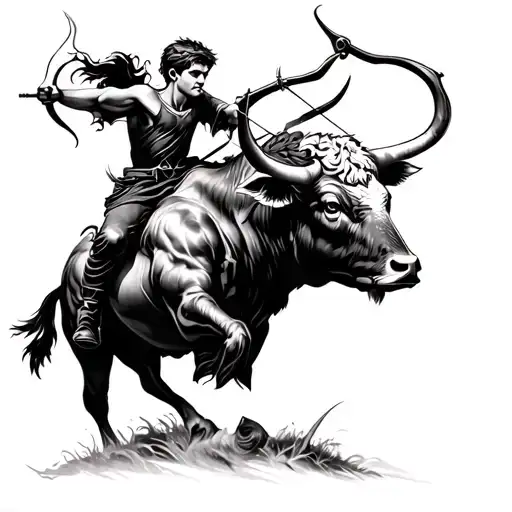 Boy With Bow And Arrow Riding Taurus Bull