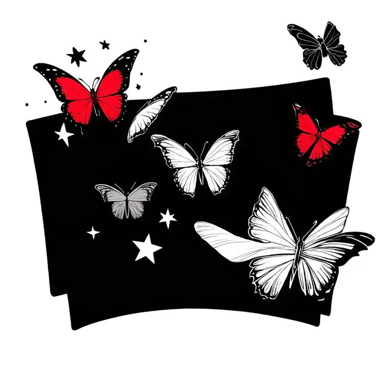 Little Stars With Abstract Lines There Are Also Little Butterflys The Tattoo Red And In A Line