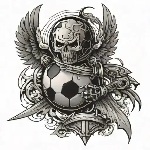 Angry Soccer Ball With Wings And Horns And An Ascending Sword