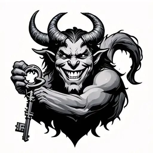 The Devil With Horns And A Full-length Tail Smiles And Holds The Key To The Chest