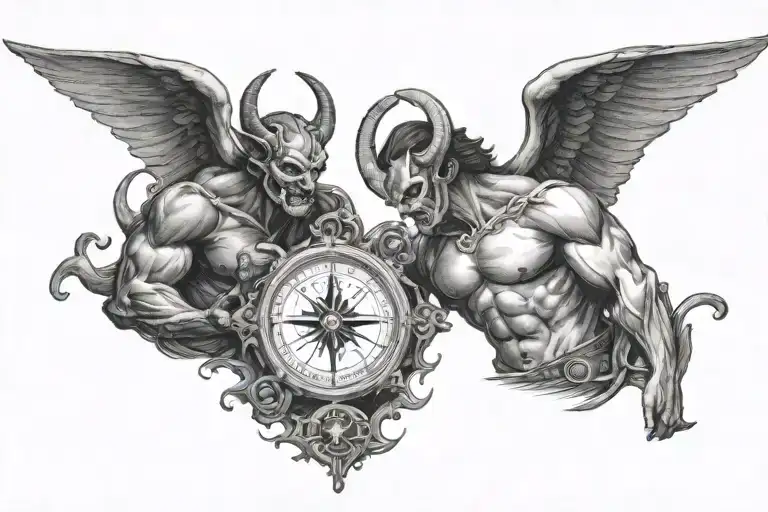 Devil And Angel With Halo Looking At Each Other Holding A Compass
