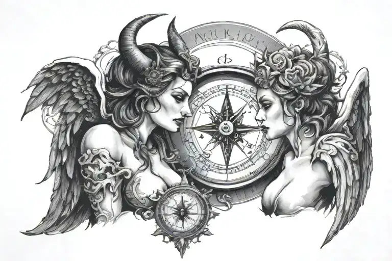 Devil And Angel Woman With Halo Looking At Each Other Holding A Compass