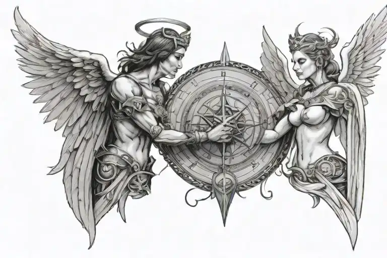 Angel Warrior Woman Wearing A Halo And Devil Warrior Looking At Each Other Holding A Compass