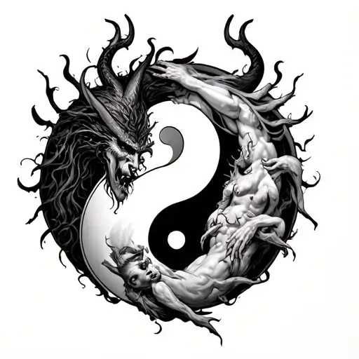God And Devil Bodies Intertwined On A Yin Yang