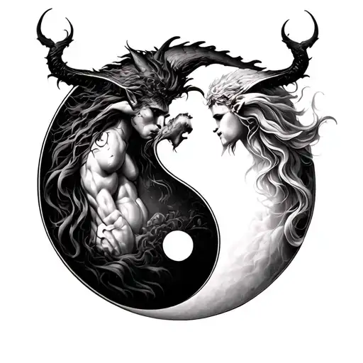 God And Devil Bodies Intertwined On A Yin Yang